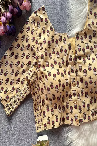 Beige printed cotton designer readymade saree blouse for women festive traditional ethnic wear