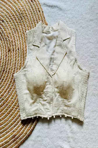 Off white embroidered cotton designer readymade sleeveless saree blouse for women festive ethnic wear