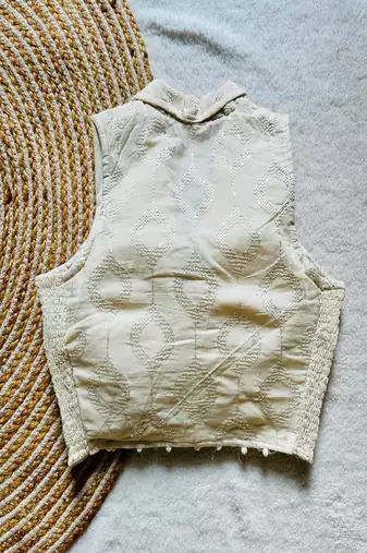 Off white embroidered cotton designer readymade sleeveless saree blouse for women festive ethnic wear