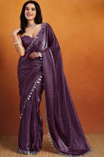 Purple plain tissue festive wear saree with blouse piece