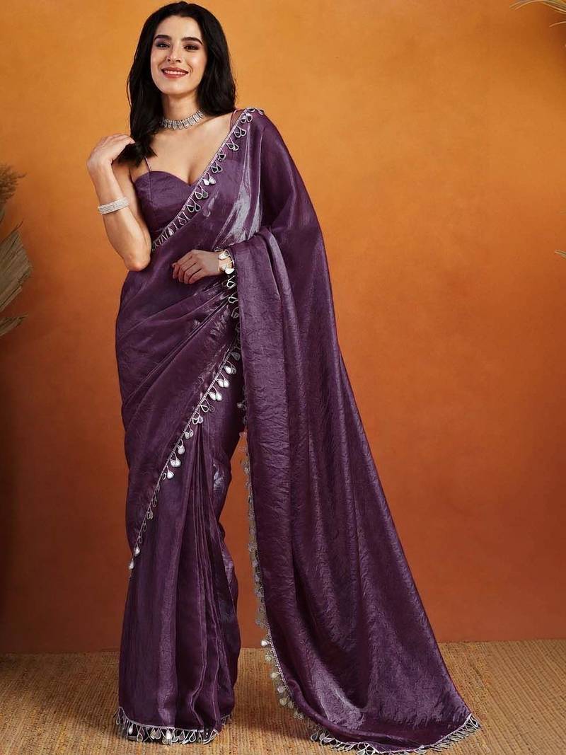 Purple plain tissue festive wear saree with blouse piece