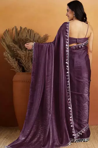 Purple plain tissue festive wear saree with blouse piece