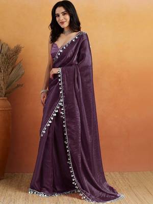 Purple plain tissue festive wear saree with blouse piece 4