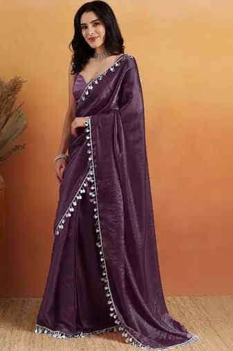 Purple plain tissue festive wear saree with blouse piece