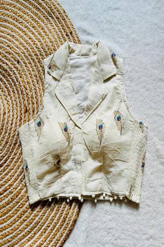 Off white embroidered cotton designer sleeveless readymade saree blouse for women festive party wear