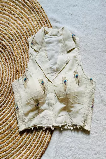 Off white embroidered cotton designer sleeveless readymade saree blouse for women festive party wear