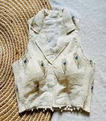 Off white embroidered cotton designer sleeveless readymade saree blouse for women festive party wear