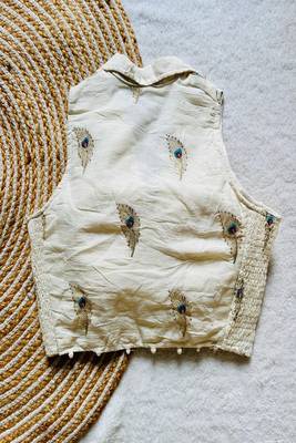 Off white embroidered cotton designer sleeveless readymade saree blouse for women festive party wear 2