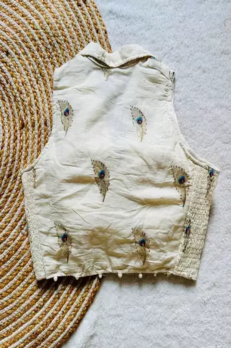 Off white embroidered cotton designer sleeveless readymade saree blouse for women festive party wear