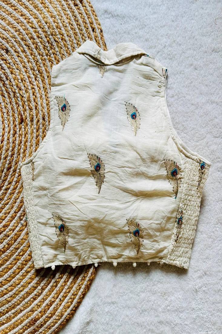 Off white embroidered cotton designer sleeveless readymade saree blouse for women festive party wear