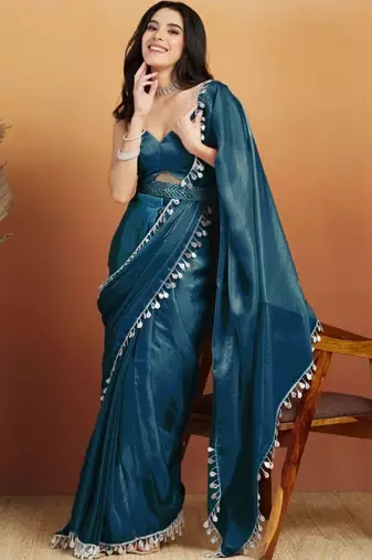 Teal plain tissue festive wear saree with blouse piece