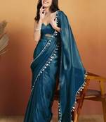 Teal plain tissue festive wear saree with blouse piece