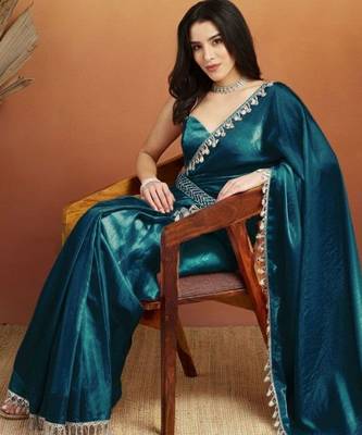 Teal plain tissue festive wear saree with blouse piece 2