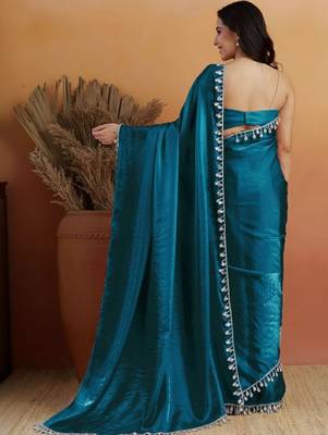 Teal plain tissue festive wear saree with blouse piece 4