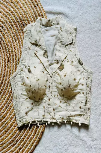 Off white zari embroidered cotton designer sleeveless readymade saree blouse for women festive wear