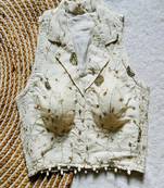 Off white zari embroidered cotton designer sleeveless readymade saree blouse for women festive wear