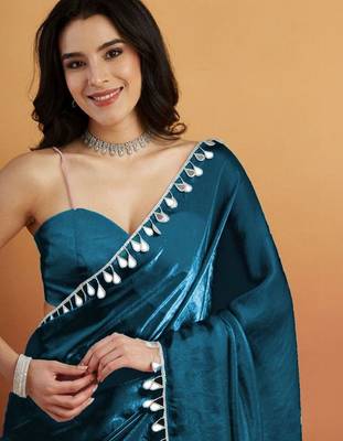 Teal plain tissue festive wear saree with blouse piece 5