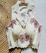 Off white floral embroidered cotton designer sleeveless readymade saree blouse for women festive wear