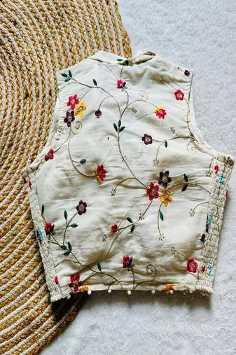 Off white floral embroidered cotton designer sleeveless readymade saree blouse for women festive wear
