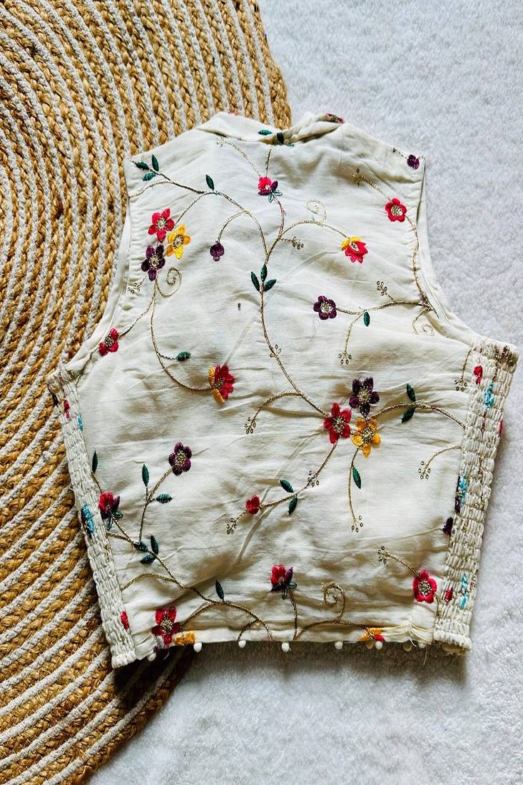 Off white floral embroidered cotton designer sleeveless readymade saree blouse for women festive wear