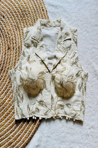 Off white sequin embroidered cotton designer sleeveless readymade saree blouse for women festive wear