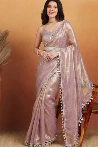 Lavender plain silk blend party wear saree with blouse piece