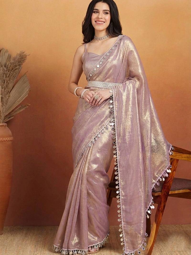 Lavender plain silk blend party wear saree with blouse piece