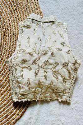 Off white sequin embroidered cotton designer sleeveless readymade saree blouse for women festive wear 2