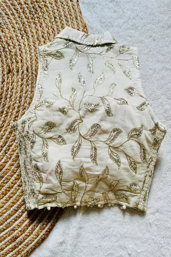 Off white sequin embroidered cotton designer sleeveless readymade saree blouse for women festive wear
