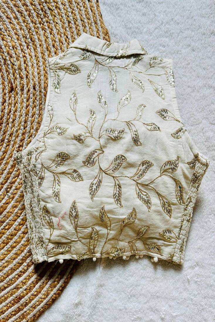 Off white sequin embroidered cotton designer sleeveless readymade saree blouse for women festive wear