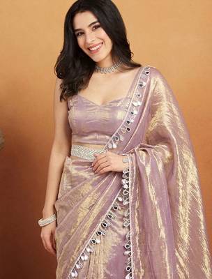 Lavender plain silk blend party wear saree with blouse piece 2