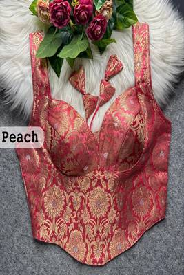 Peach jacquard brocade silk designer readymade saree blouse for women wedding party wear 1