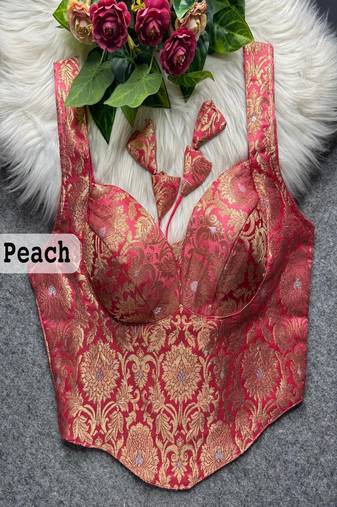 Peach jacquard brocade silk designer readymade saree blouse for women wedding party wear