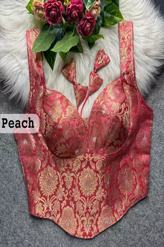 Peach jacquard brocade silk designer readymade saree blouse for women wedding party wear