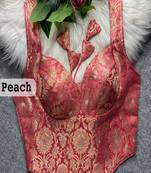 Peach jacquard brocade silk designer readymade saree blouse for women wedding party wear