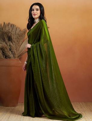 Green plain tissue festive wear saree with blouse piece 1