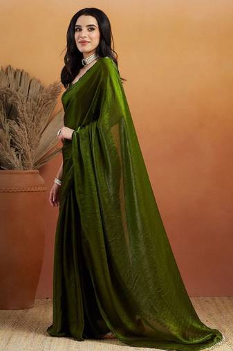 Green plain tissue festive wear saree with blouse piece