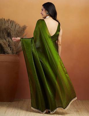 Green plain tissue festive wear saree with blouse piece 2