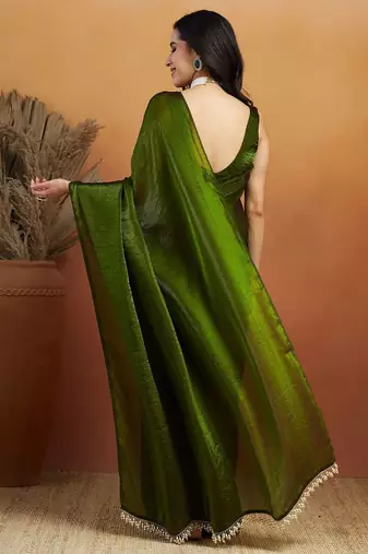 Green plain tissue festive wear saree with blouse piece