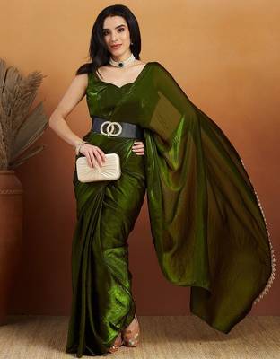 Green plain tissue festive wear saree with blouse piece 3