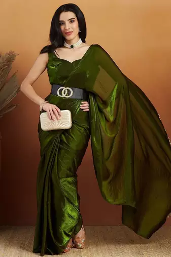 Green plain tissue festive wear saree with blouse piece