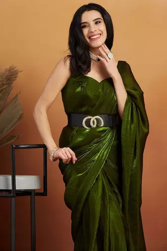 Green plain tissue festive wear saree with blouse piece