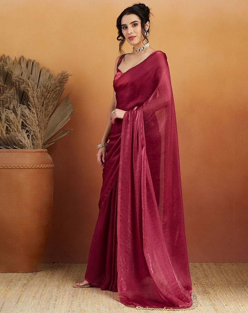 Red plain tissue festive wear saree with blouse piece