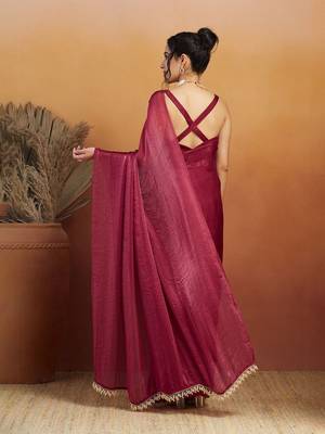 Red plain tissue festive wear saree with blouse piece 2