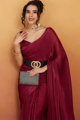 Red plain tissue festive wear saree with blouse piece