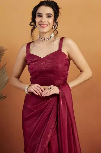Red plain tissue festive wear saree with blouse piece