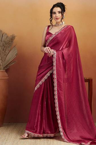Red plain tissue festive wear saree with blouse piece