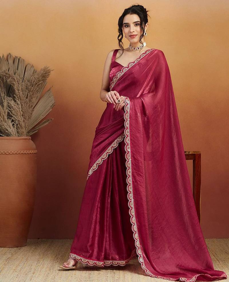 Red plain tissue festive wear saree with blouse piece