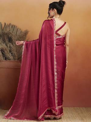Red plain tissue festive wear saree with blouse piece 2
