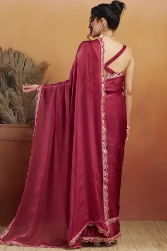 Red plain tissue festive wear saree with blouse piece